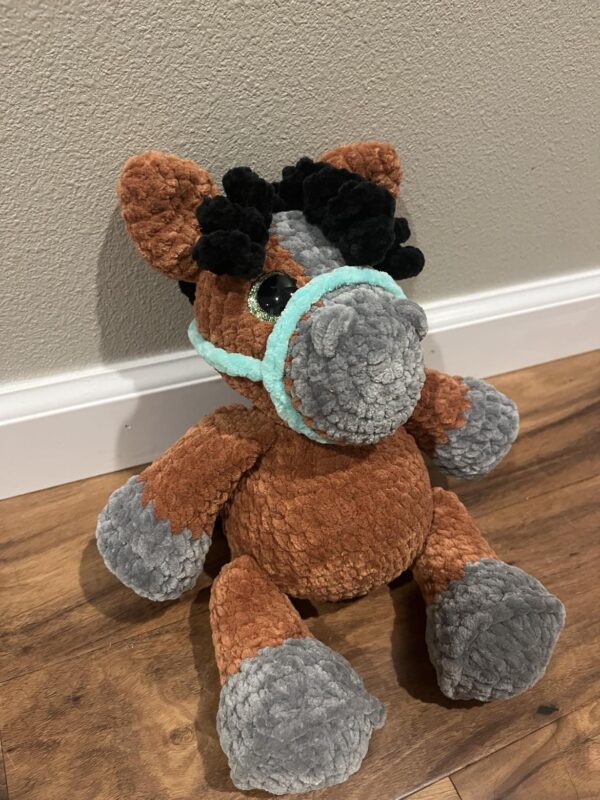 Crocheted Brown Horse with Turquoise Bridle - Image 3
